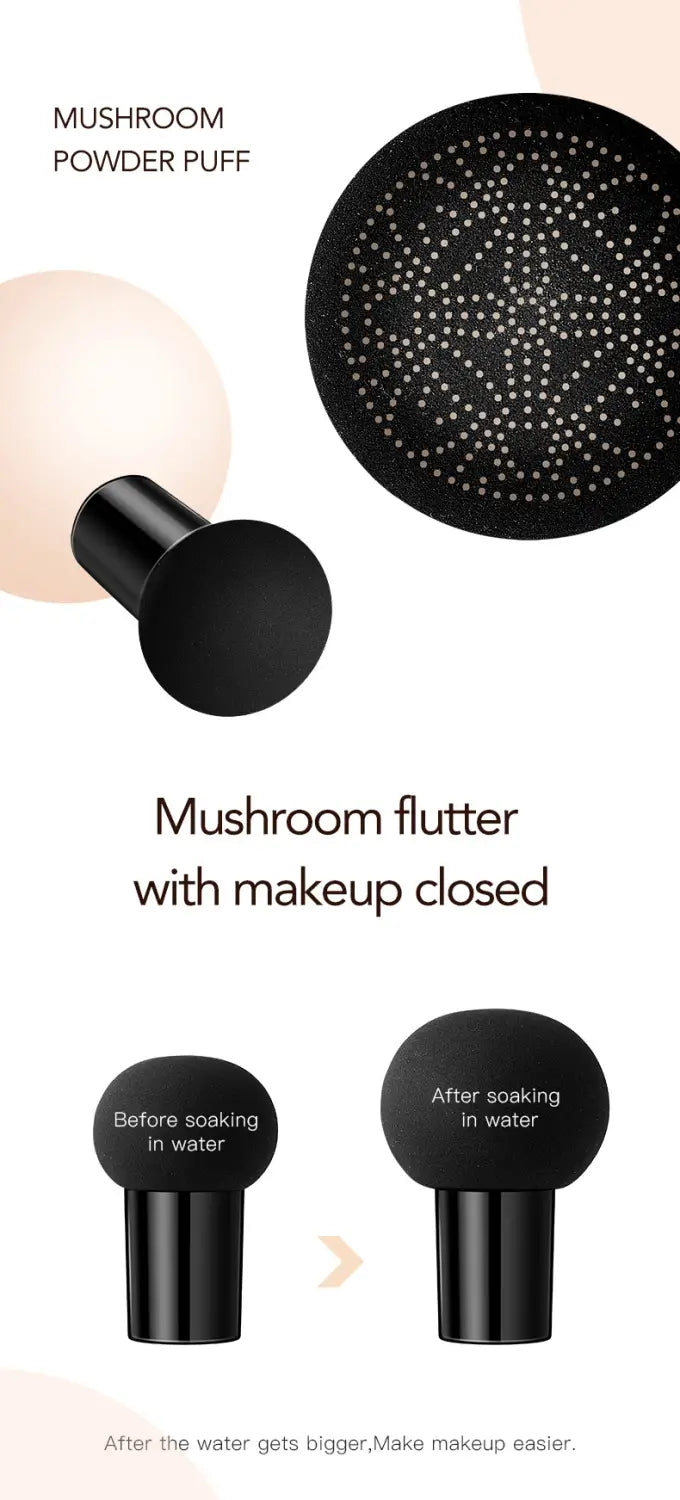 black mushroom-shaped powder puff with a textured dotted surface for makeup application included with ivory marbled air cushion foundation for air cushion foundation and cream foundation use