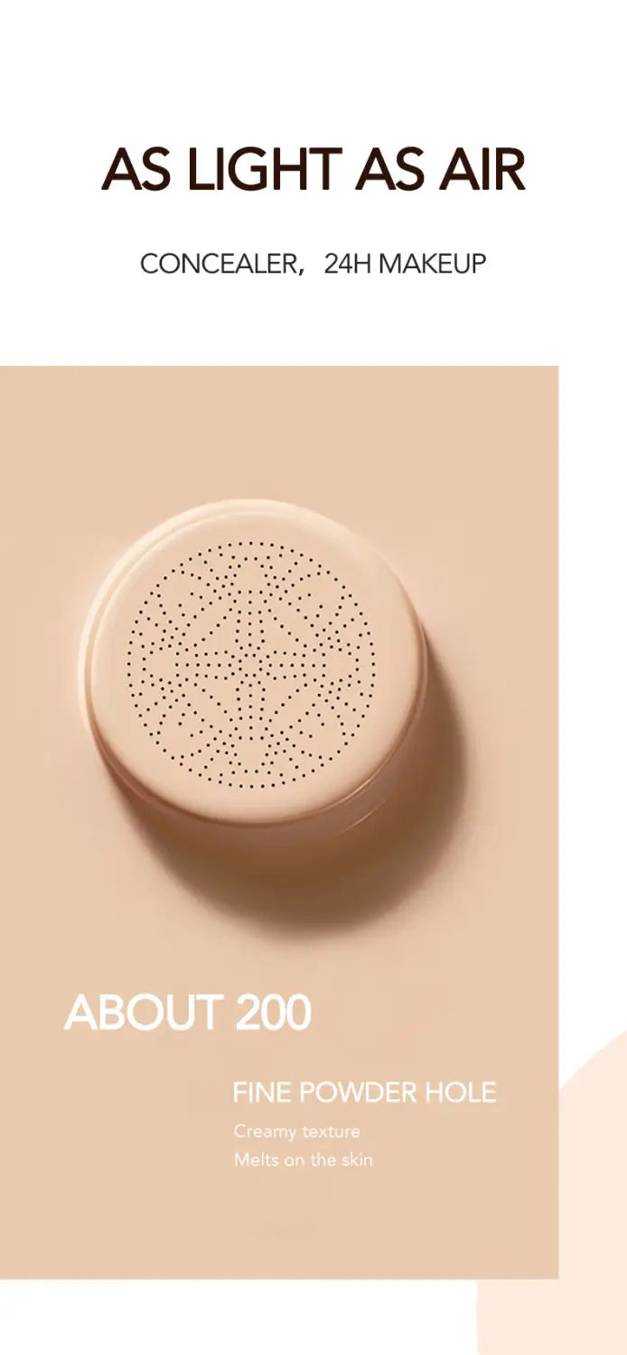 Beige circular ivory marbled air cushion foundation compact with perforated lid and fine powder hole design for use with sponge cream foundation.