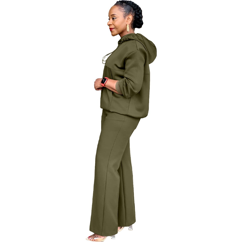olive green solid color loose hooded sweatsuit featuring a hooded sweatshirt and matching wide-leg pants set in a comfortable fabric