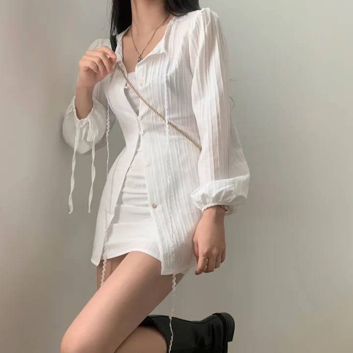 white ribbed long sleeve shirt dress with pleated button-up front long sleeves and tie waist detailing