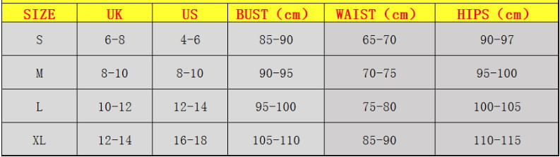 Size chart for women’s royal blue pleated swimsuit with cross halterneck design showing bust waist and hips measurements in centimeters alongside uk and us sizes for solid colour swimwear.
