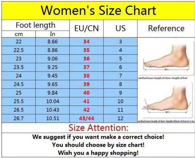 women’s size chart for gold metallic plus size rope wedge sandals with blue and yellow table showing foot length measurements in cm inches eu cn us sizes reference illustrations of feet and a size attention note