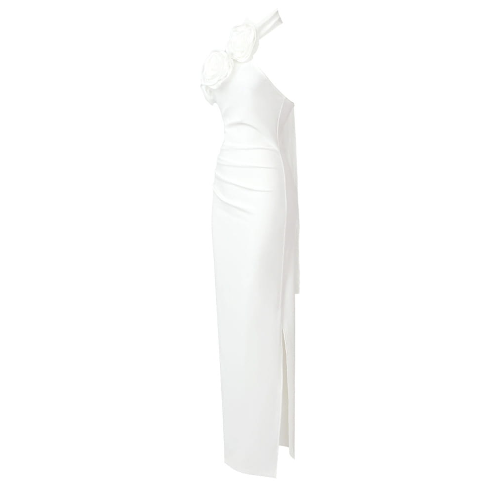 A sleek one-shoulder white satin gown featuring a ruched bodice and high slit in style white ribbon flower halter design.