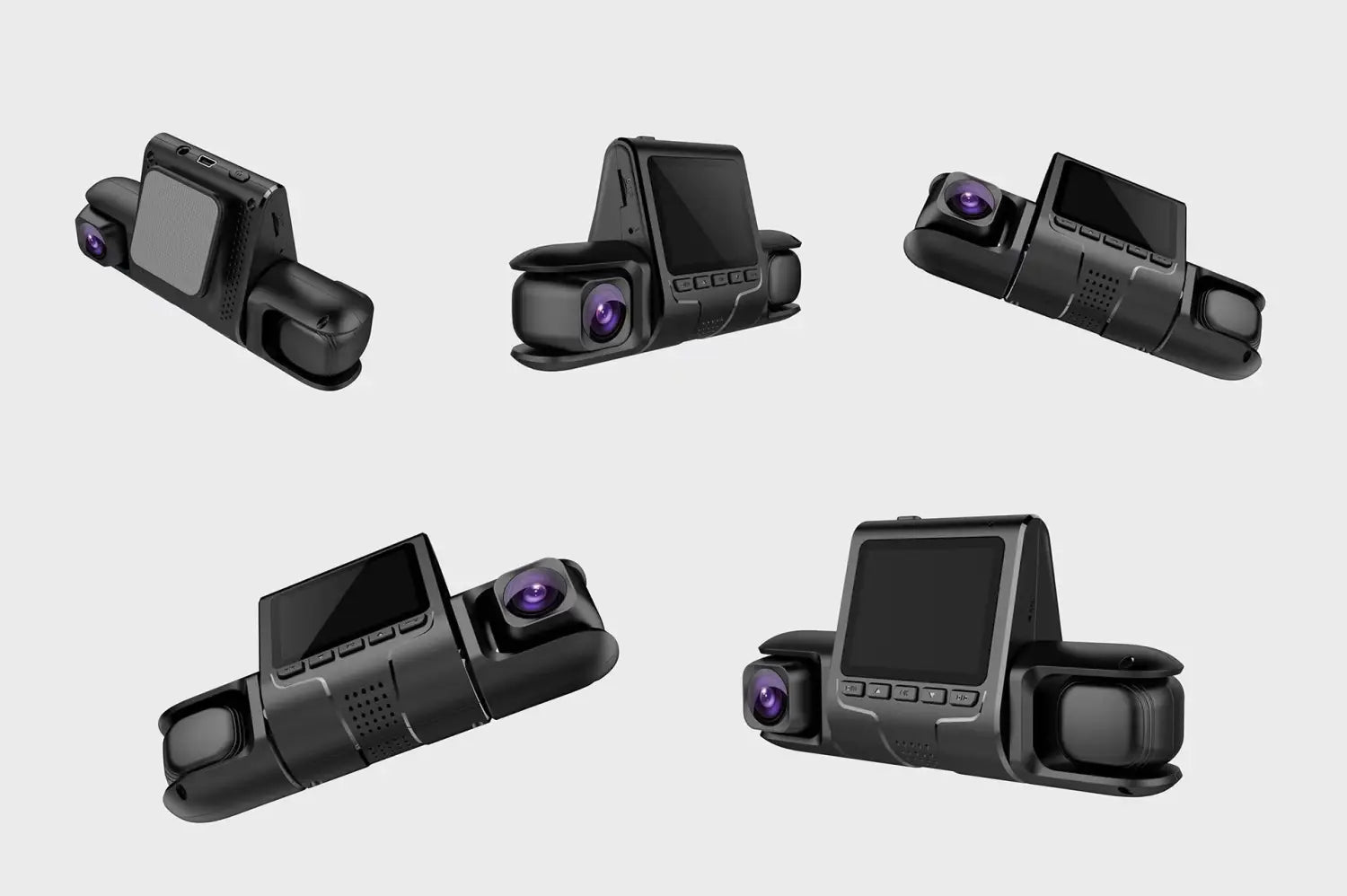 black dual-camera dashcam with built-in touchscreen display and purple lens accents for three recording 1080p and rear car reversing use