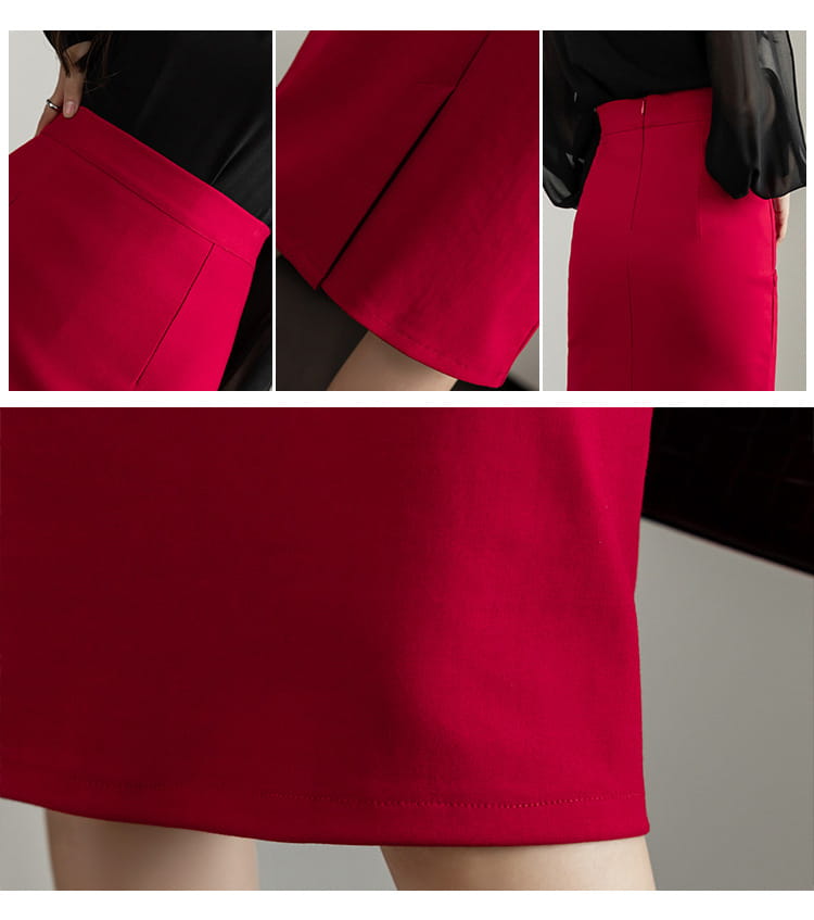 a vibrant red line sheath skirt with smooth fabric and subtle seam detailing in a form-fitting elegant tight design