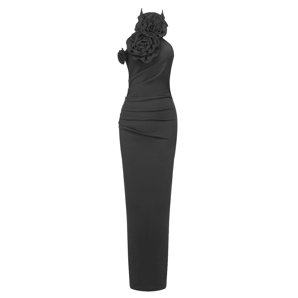 Black satin gown featuring sculpted rose embellishments at the shoulder in a style white ribbon flower halter design.