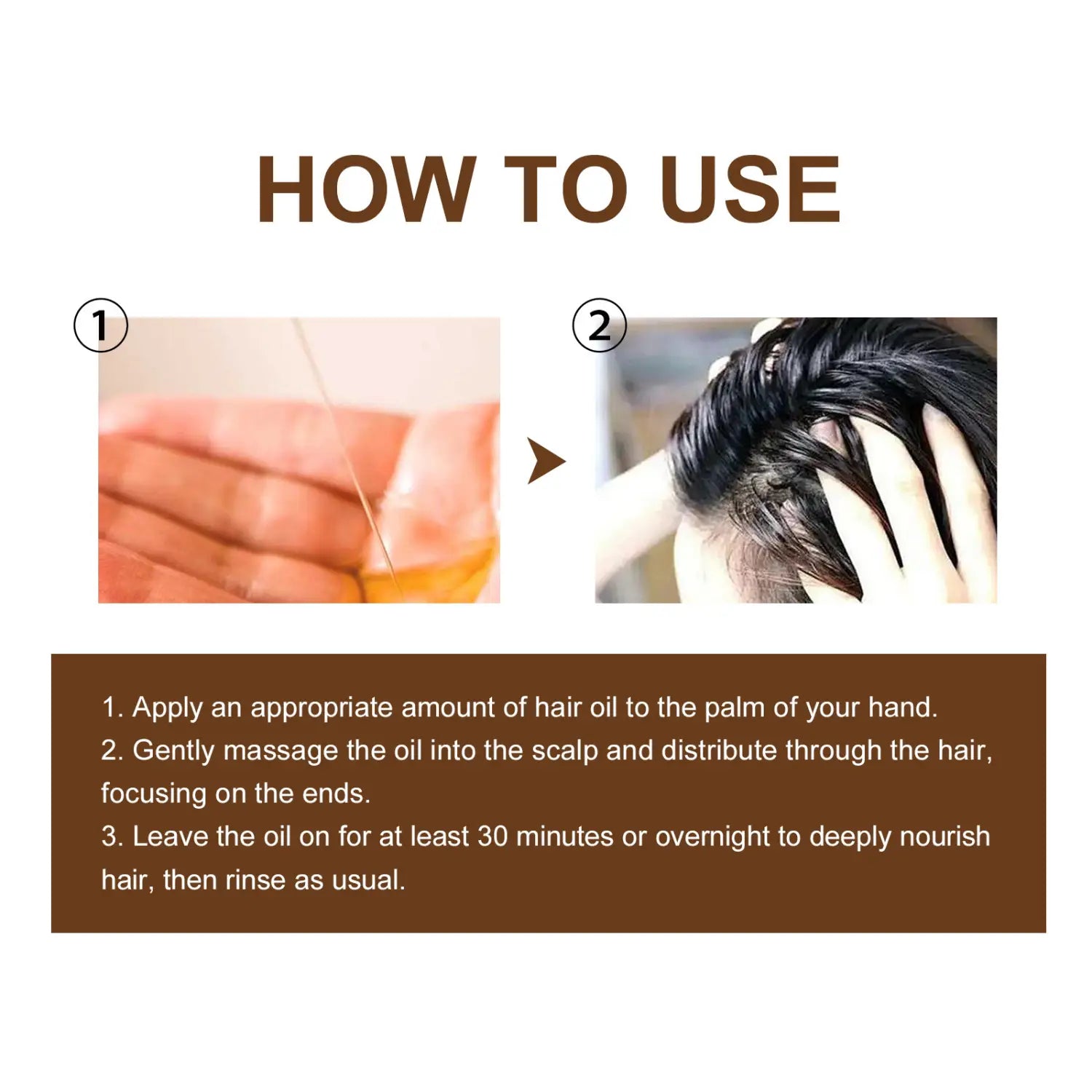 a golden viscous hoegoa moroccan hair oil applied to the palm and massaged into dark hair for nourishment as part of moroccan hair care for smooth waves