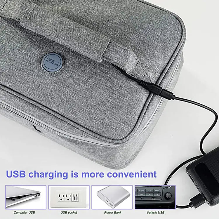 gray textured fabric portable disinfection bag for baby bottles featuring a circular 265mm label and an integrated USB charging port