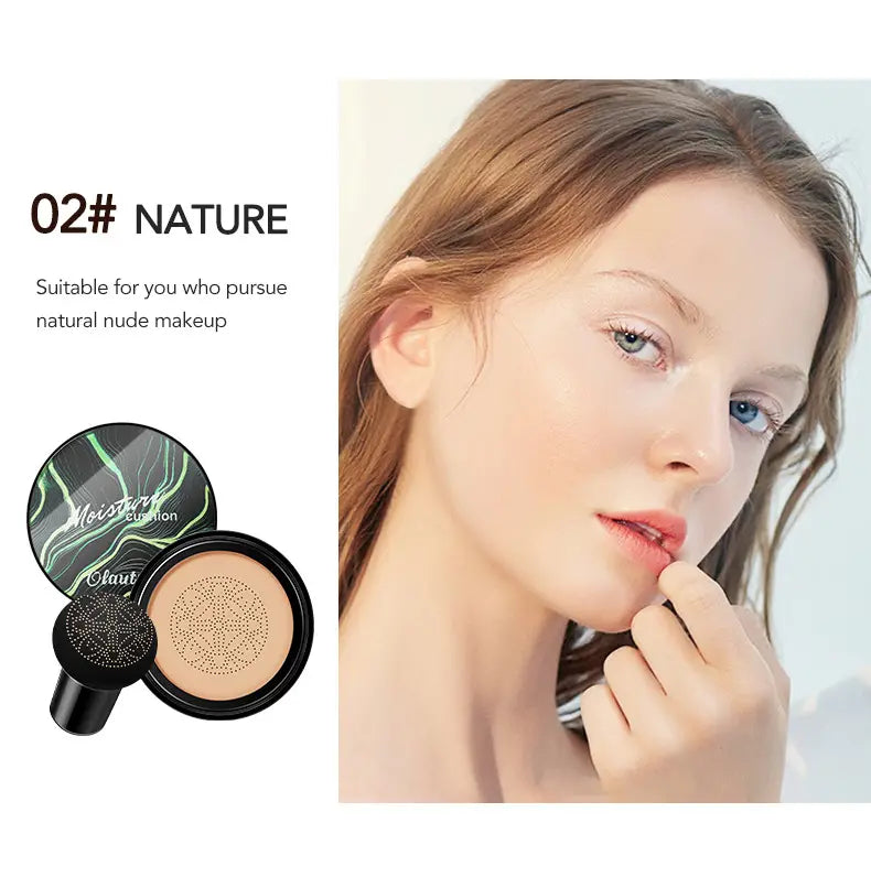 Ivory marbled air cushion foundation with sponge in black and green circular compact containing beige cream foundation labeled 02# nature for natural nude makeup.