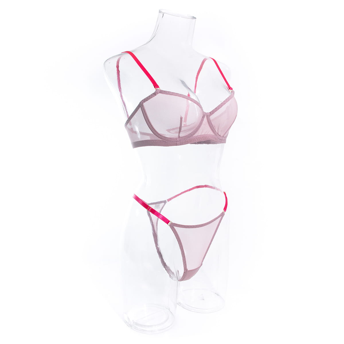 Lavender and pink see-through two-piece set featuring a pink and gray sheer mesh lingerie set with red trim made from comfortable fabric.