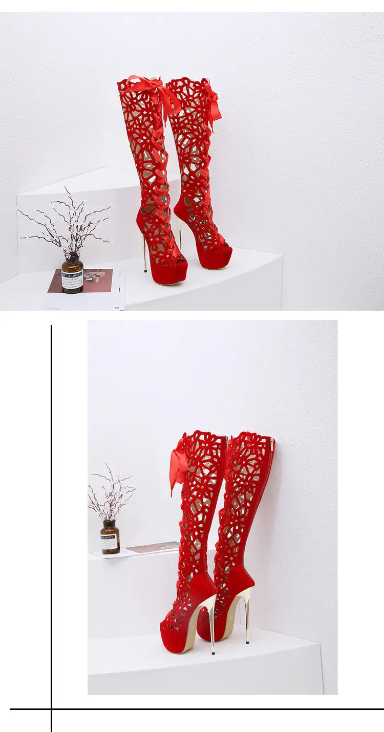 red lace-up platform high-heeled boots with a bow at the top complementing black lace-up peep toe high heels in a stylish high-top lace-up peep design