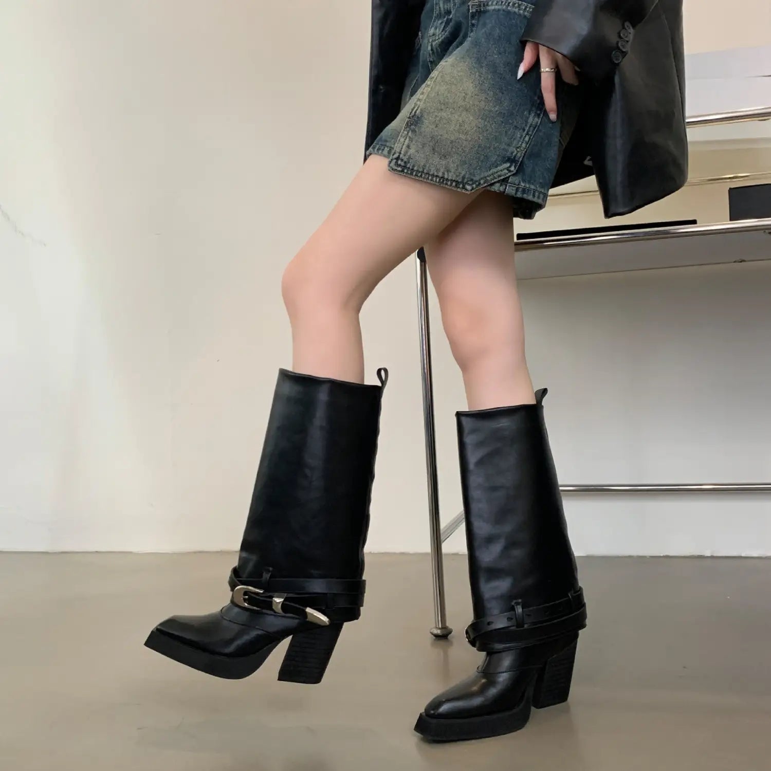black leather knee-high winter pointed toe chunky heel knight boots with silver-toned buckle detail