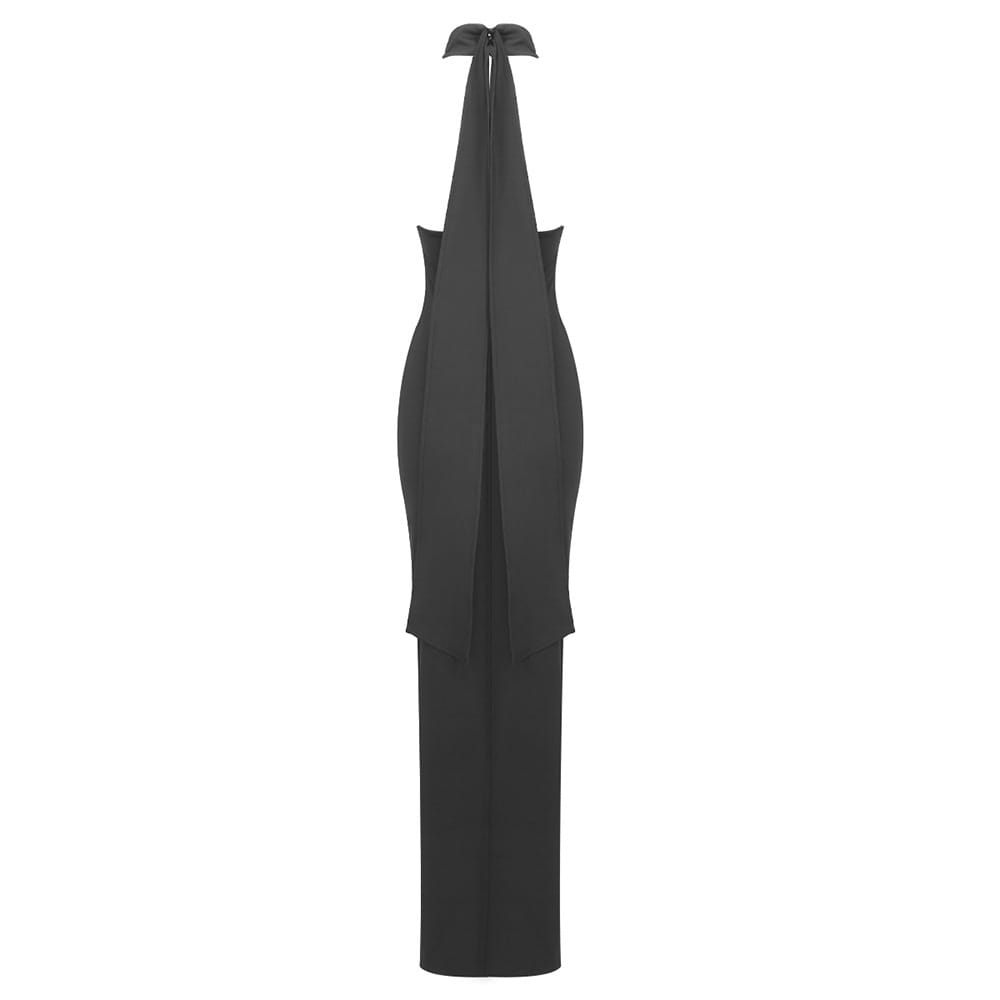 A sleek black satin halter-neck gown with a fitted silhouette and long central slit featuring a white ribbon flower halter style.