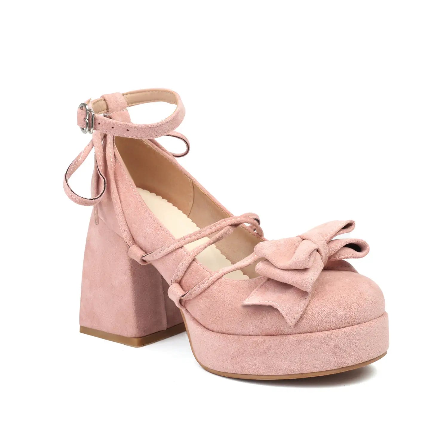 Beige platform lolita heels in pink suede with a small size bow on the toe and an ankle strap.