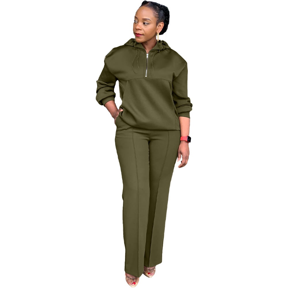 olive green solid color loose hooded sweatsuit with sweatshirt and matching pants set displayed from the front