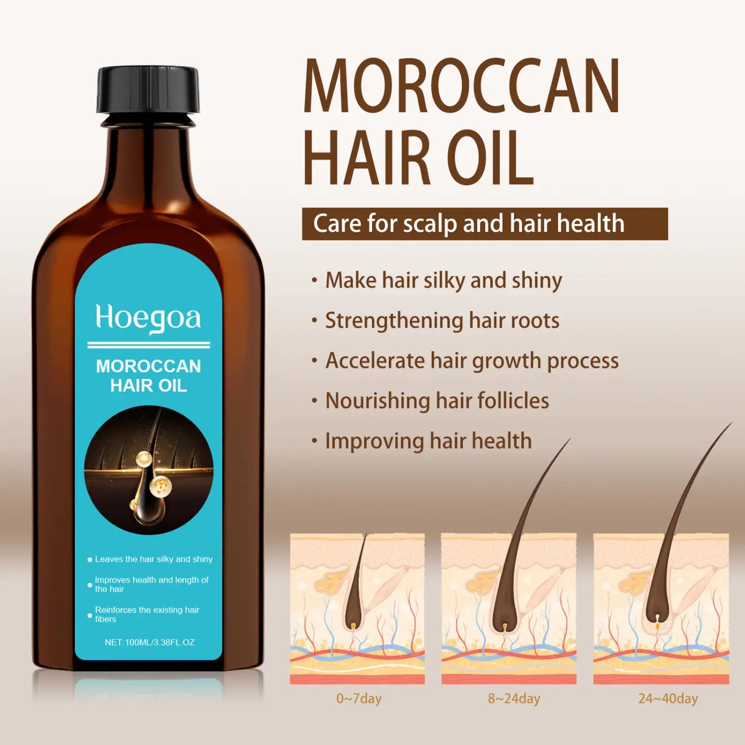 Brown glass bottle of hoegoa moroccan hair oil with a black cap and teal label for moroccan hair care and smooth waves in hair care routines.