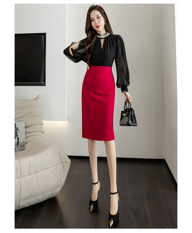 a sleek, vibrant red pencil skirt with a smooth, form-fitting silhouette as an elegant sheath skirt tight in style