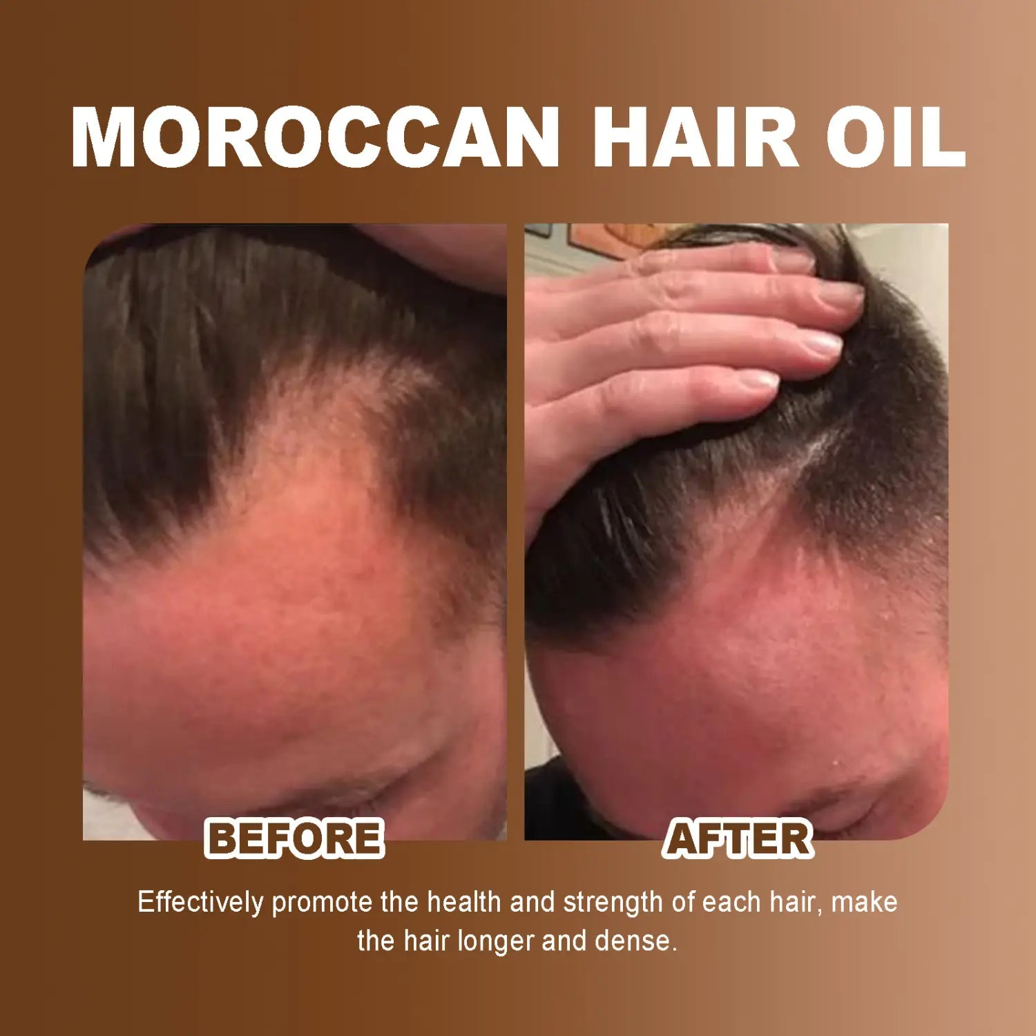 Hoegoa moroccan hair care oil in a clear bottle with a dropper shown before and after use on dark hair for smooth waves and effective hair care results.