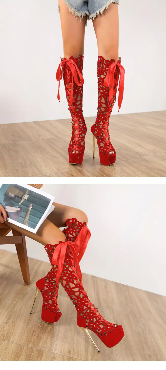 Red high-top lace-up platform high heels with gold-toned stiletto heels shown with a product titled black lace-up peep toe high heels.