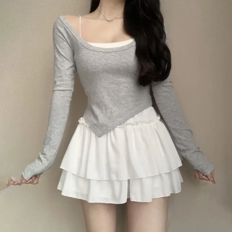 gray long-sleeved top with off-the-shoulder neckline paired with pure desire style desire style pettiskirt slimming layered white ruffle ballet skirt