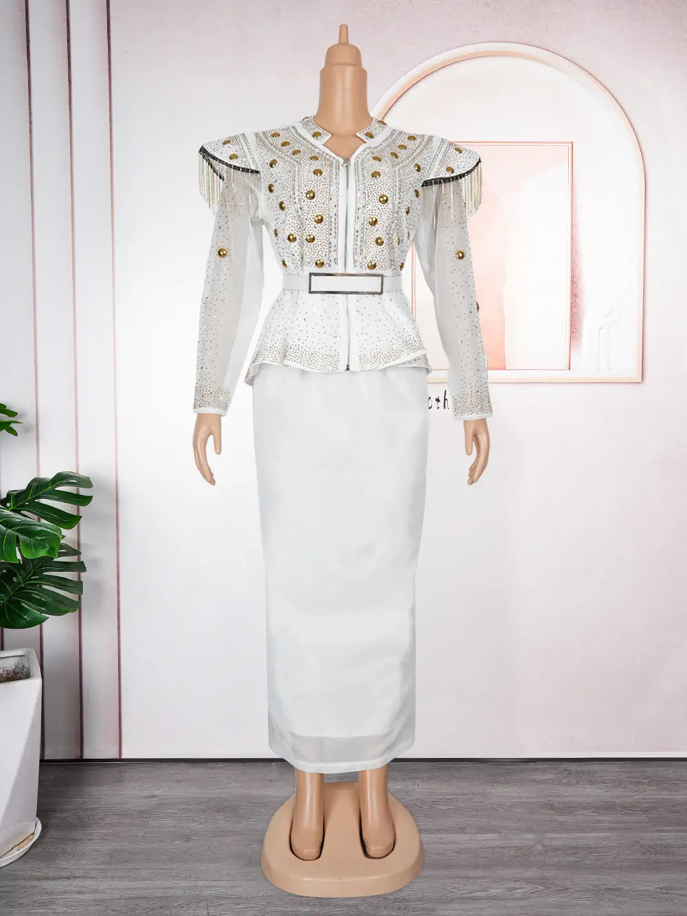 white embellished blouse with gold buttons and fringe detailing paired with matching white skirt solid color hot drilling plus size two piece set