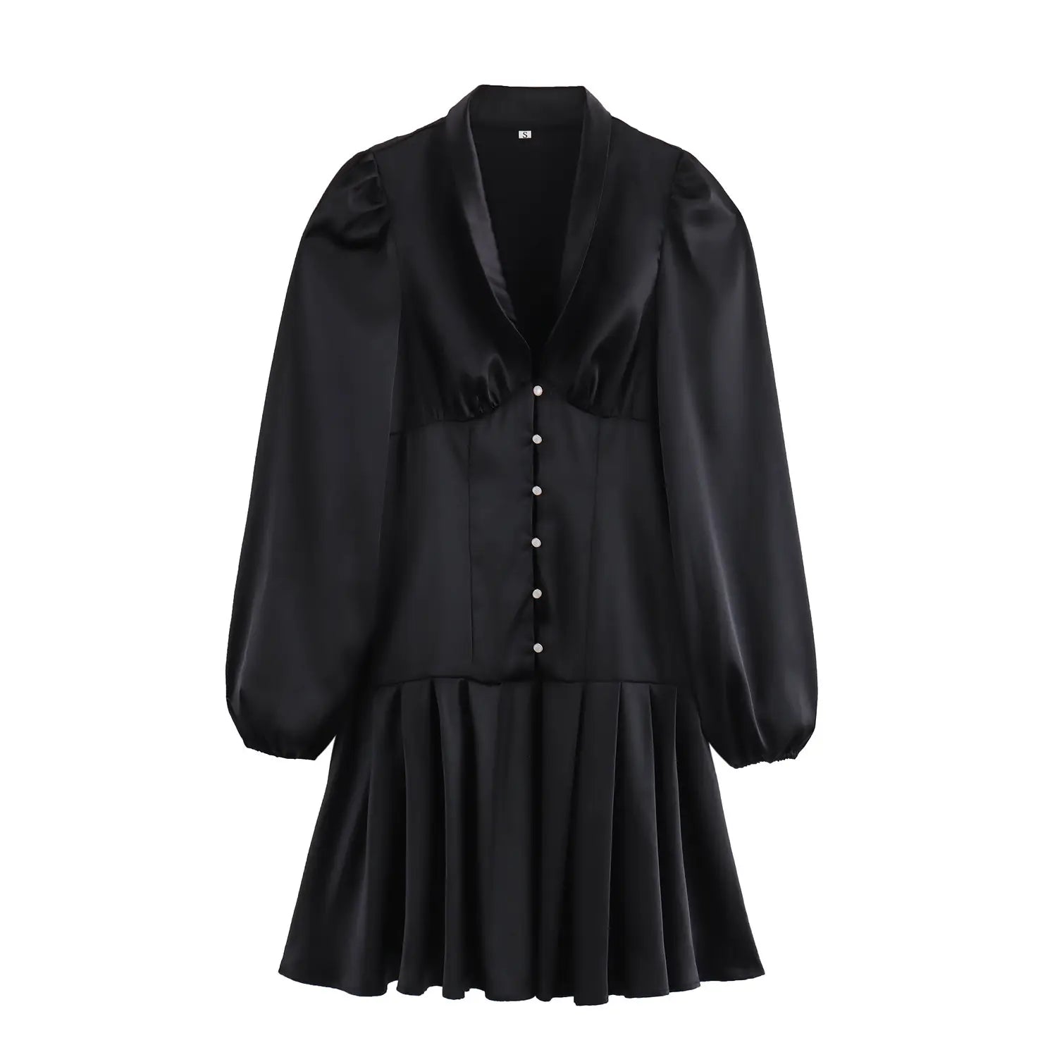 black satin sweet satin dress with puff sleeves and a fitted waist pleated skirt featuring a flared silhouette