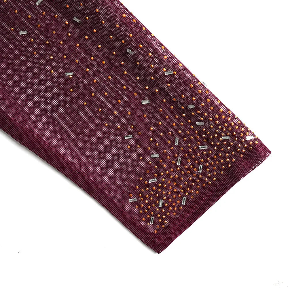 a maroon mesh scarf adorned with scattered gold and silver rhinestones as part of a solid color hot drilling plus size two piece set