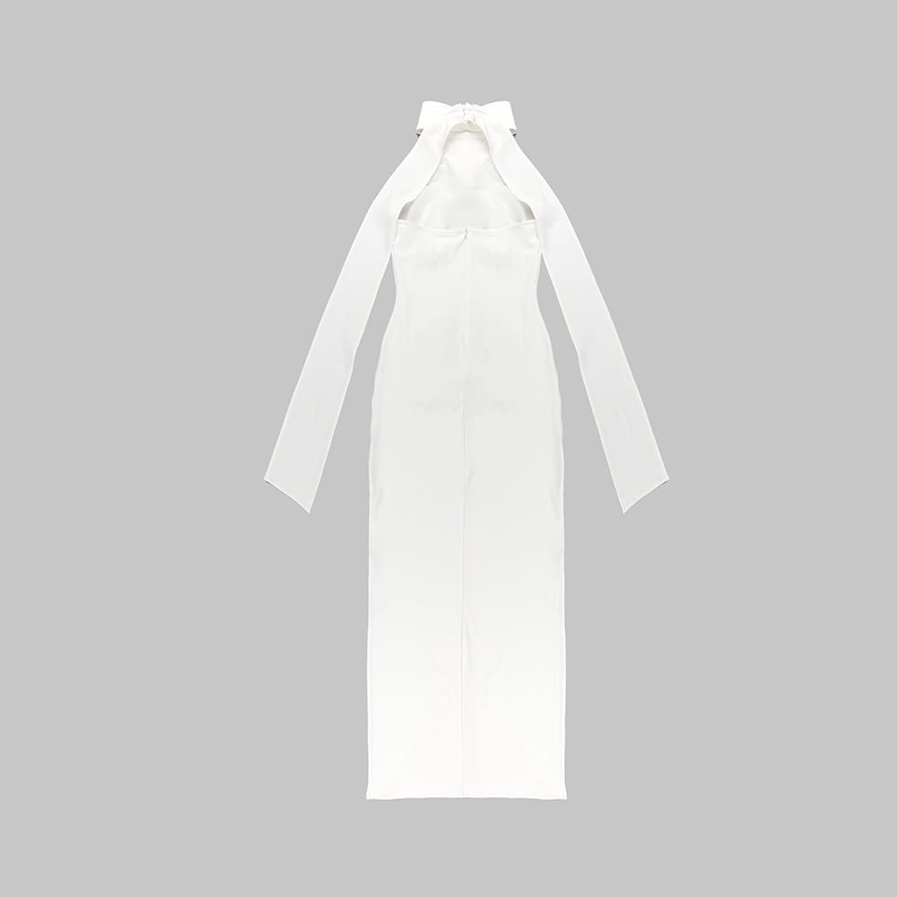 A sleek white satin long-sleeved dress with a high neckline and a white ribbon flower halter bow detail at the back.