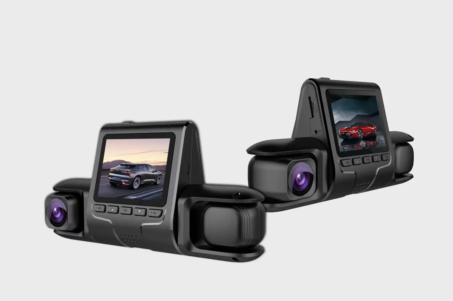 black dual-camera car dashcam system with built-in screens displaying vehicle footage for three recording 1080p and rear car reversing use