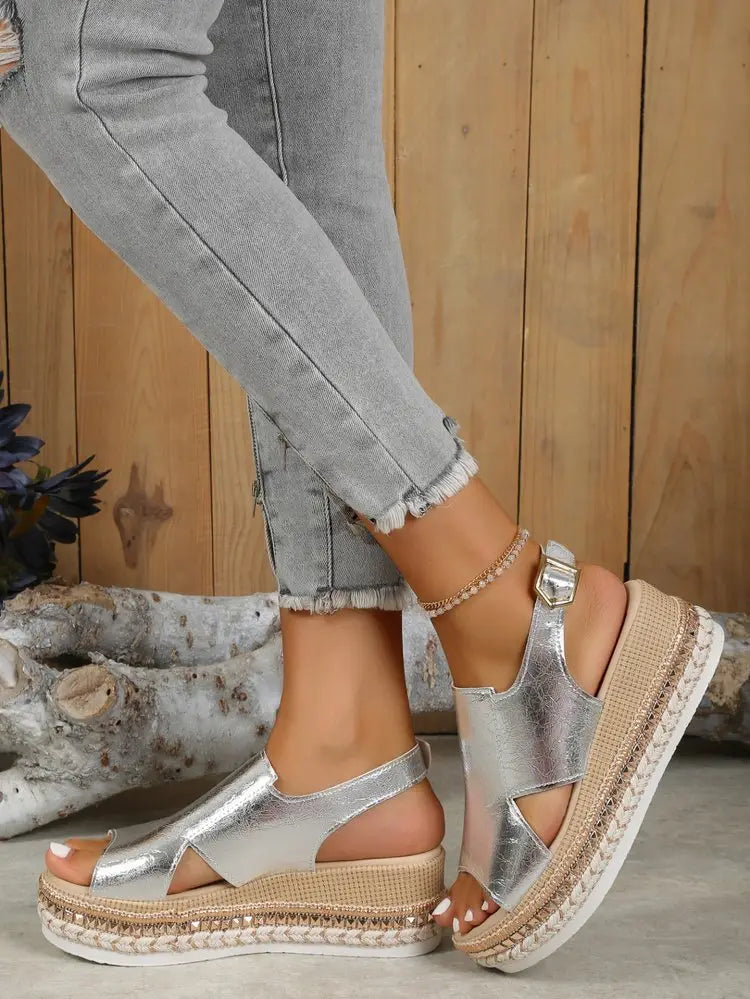 silver metallic platform sandals featuring woven rope detailing on the sole for plus size rope wedge style
