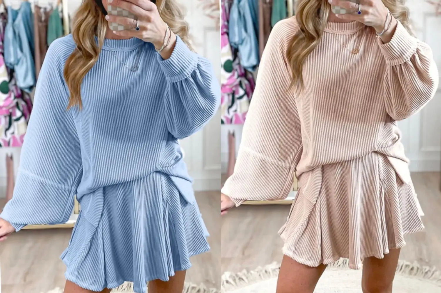 A cozy women’s solid colour ribbed knit casual suit in soft pastel blue and beige featuring flared long sleeves and a tiered skirt.