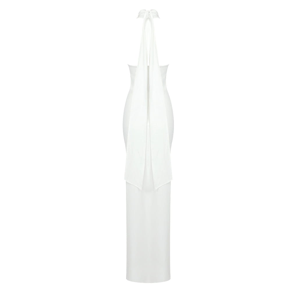 A sleek white ribbon flower halter gown featuring a flowing chiffon train and delicate tie-back straps in satin material.