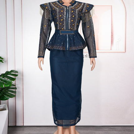 Solid Color Hot Drilling Plus Size Women's Skirt Two-piece Set - Royalessencelux