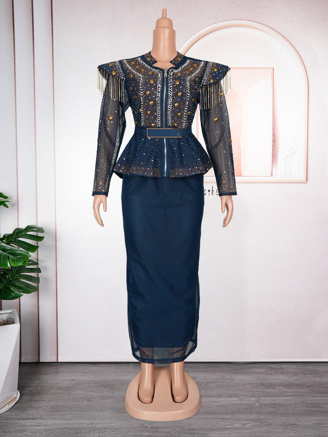 Solid Color Hot Drilling Plus Size Women's Skirt Two-piece Set - Royalessencelux