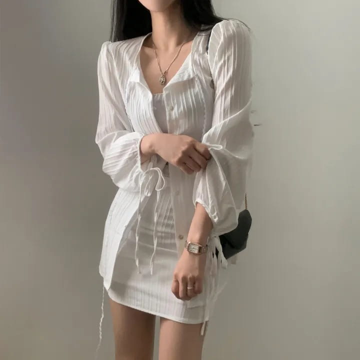 white ribbed long sleeve shirt dress with puffed sleeves sheer button-up design and drawstring cuffs