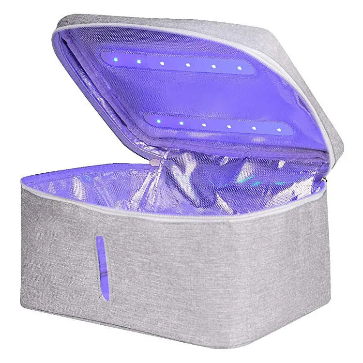 gray fabric portable disinfection bag with purple interior lining and led light panels designed for baby bottle sterilization