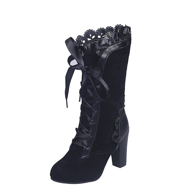 black suede large size heel women’s leather boots with scalloped lace trim and satin ribbon tie
