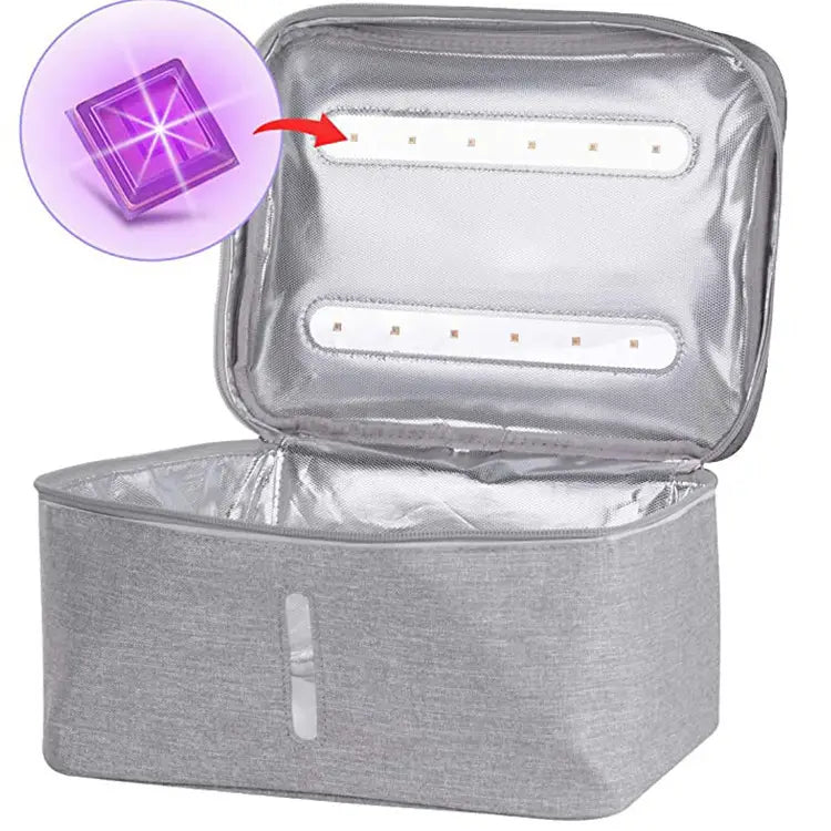 blue portable disinfection bag for baby bottles with gray fabric lining and two horizontal led light strips inside a portable disinfection bag