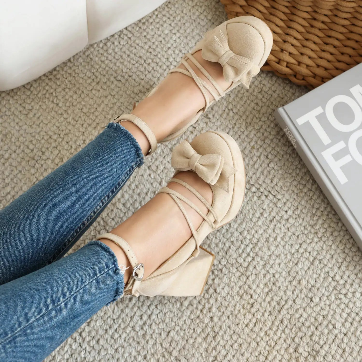 Beige suede mary jane platform lolita heels with small size bow on the toe and ankle strap.
