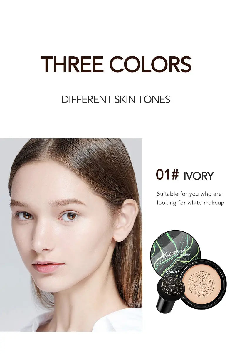 Ivory marbled air cushion foundation in a sleek compact with a marbled lid design featuring an ivory-colored cream foundation and black-capped air cushion sponge.
