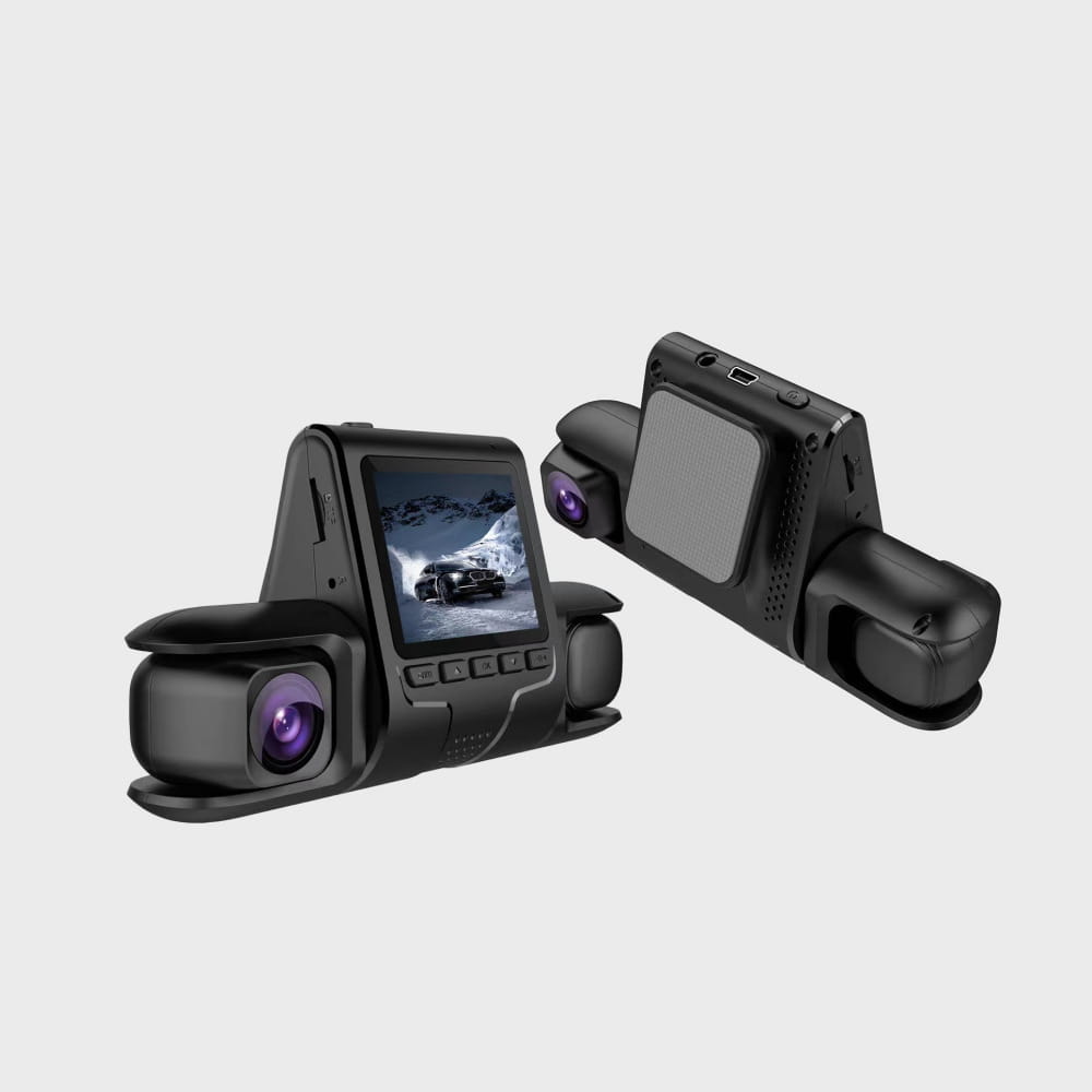 Black dual-camera car dashcam with purple lens accents and sleek plastic housing featuring a 3.5-inch screen for three recording 1080p and rear car reversing display.