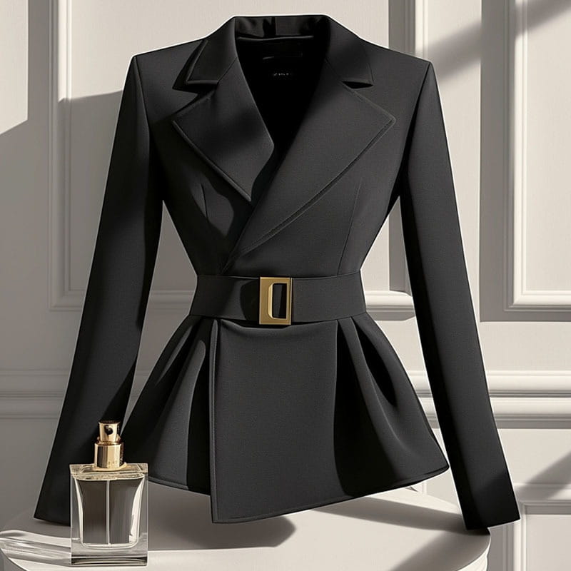 Black peplum blazer featuring a gold-toned rectangular belt buckle exemplifying an elegant socialite design sense.