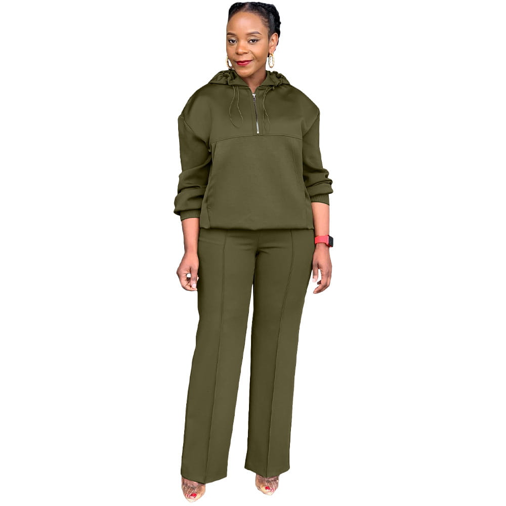 olive green solid color loose hooded sweatsuit consisting of a hooded sweatshirt and matching wide-leg pants designed for comfort and casual wear