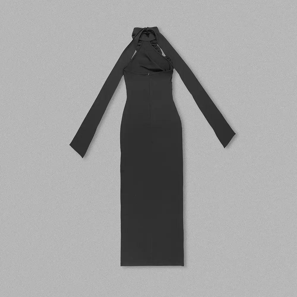 black long-sleeved halter dress featuring a tied neck detail styled with a white ribbon flower for elegant satin white ribbon flower halter look