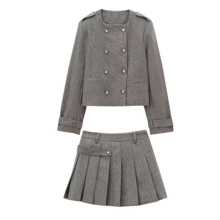 European And American Series Double-breasted Blended Coat Width Pleated Skirt Button Full Cup Plus Size Bra Without Wi Royalessencelux