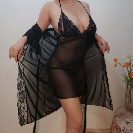 Plus Size Lace Strappy Low-cut Pajamas See-through - Royalessencelux