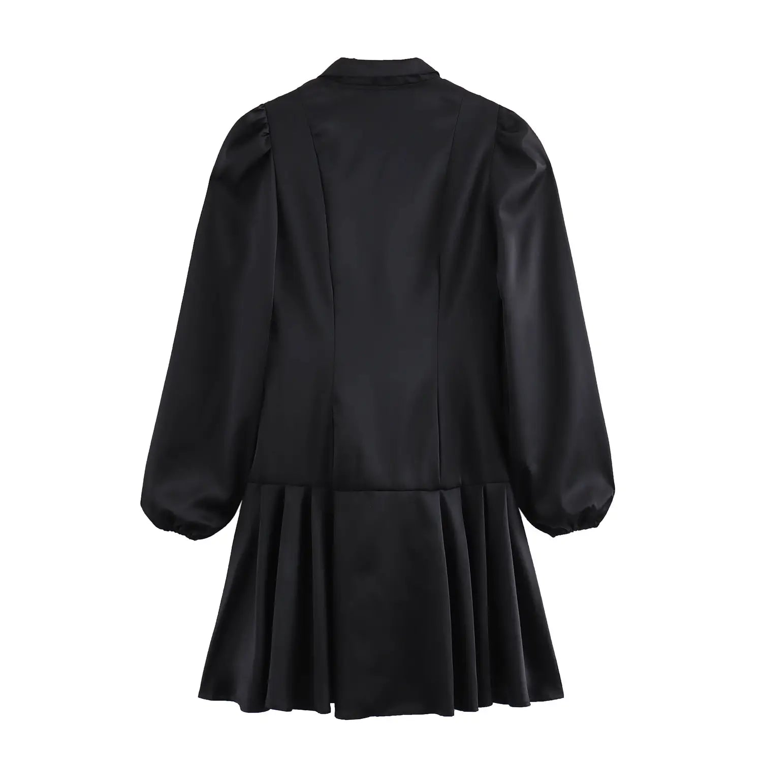 black satin sweet satin dress with puffed sleeves and a waist pleated skirt featuring a fitted waist and flared silhouette