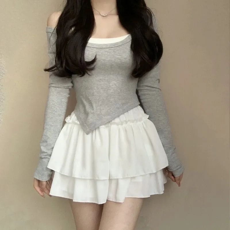 gray off-the-shoulder long-sleeve top with white inner lining and ruffled hemline paired with pure desire style pettiskirt slimming ballet skirt