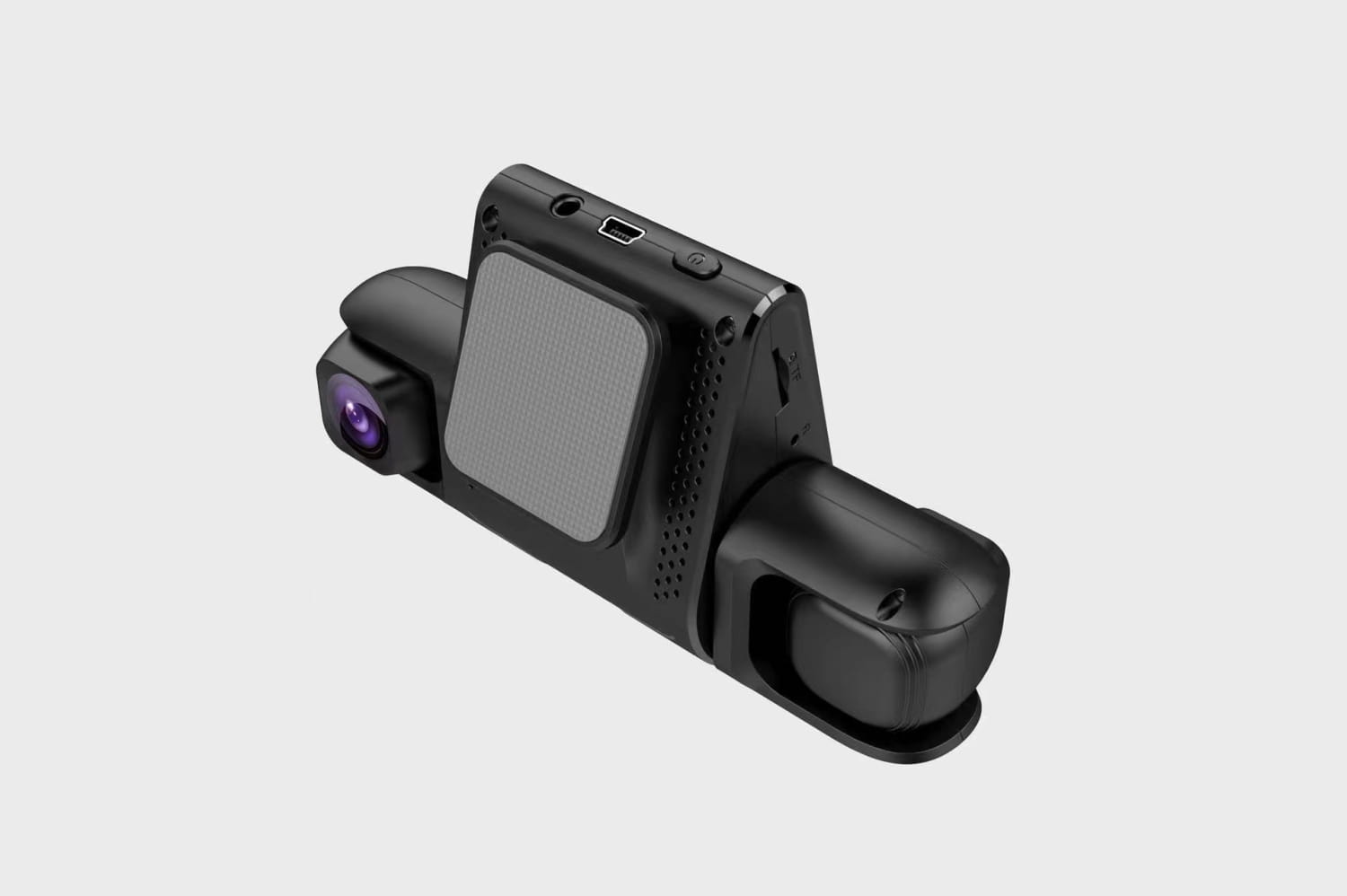 black plastic 1080p dual dashcam with a matte finish featuring a purple lens and a textured gray panel on its back designed for display three recording and rear car reversing.