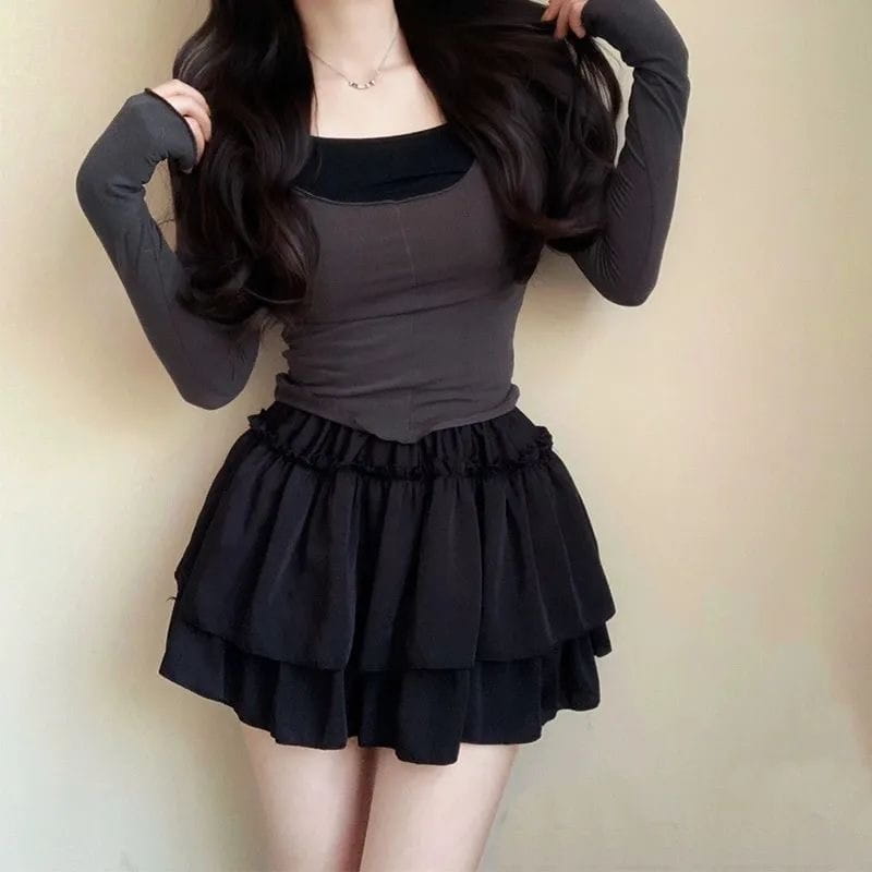 black tiered ruffle pure desire style pettiskirt with a fitted bodice top designed as a slimming ballet skirt.